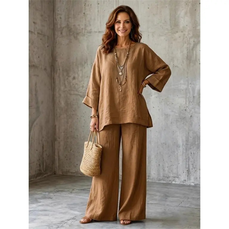 Women's Linen Blend Crew Neck Top & Wide Leg Pants 2 Piece Outfit Set