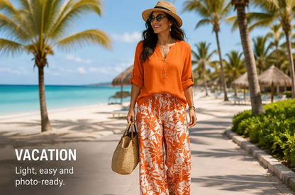 Plus‑Size Women’s 2 Piece Outfit, V‑Neck Long Sleeve Top & Tropical Print Casual Pants Spring Fall Set