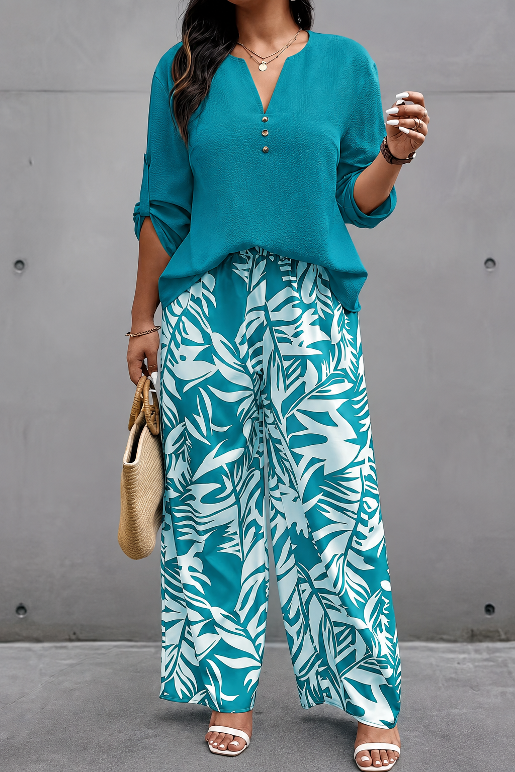 Plus‑Size Women’s 2 Piece Outfit, V‑Neck Long Sleeve Top & Tropical Print Casual Pants Spring Fall Set