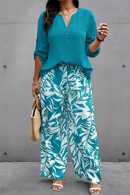 Plus‑Size Women’s 2 Piece Outfit, V‑Neck Long Sleeve Top & Tropical Print Casual Pants Spring Fall Set