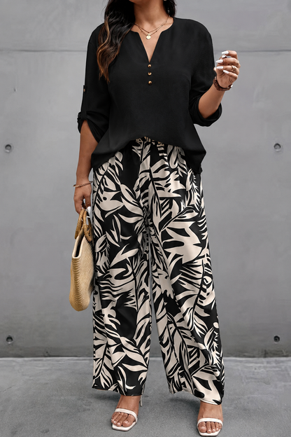 Plus‑Size Women’s 2 Piece Outfit, V‑Neck Long Sleeve Top & Tropical Print Casual Pants Spring Fall Set