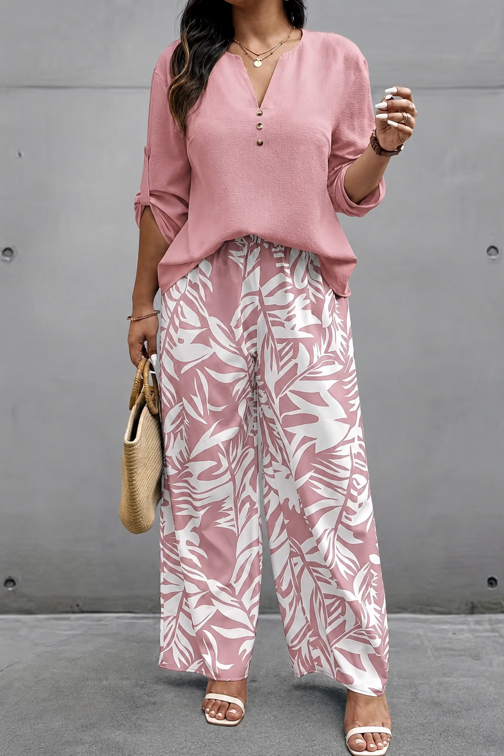 Plus‑Size Women’s 2 Piece Outfit, V‑Neck Long Sleeve Top & Tropical Print Casual Pants Spring Fall Set