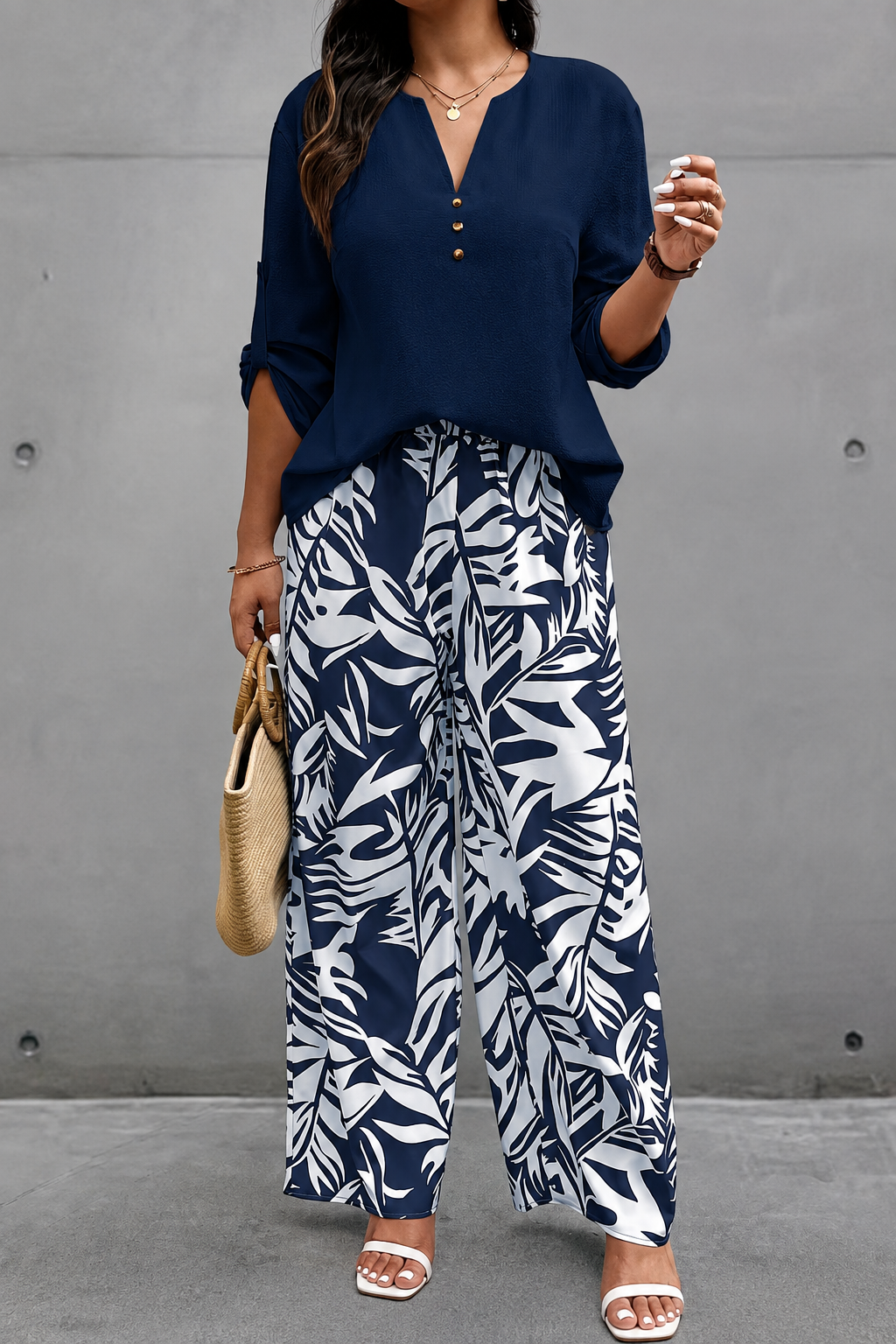 Plus‑Size Women’s 2 Piece Outfit, V‑Neck Long Sleeve Top & Tropical Print Casual Pants Spring Fall Set