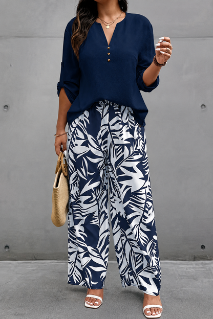 Plus‑Size Women’s 2 Piece Outfit, V‑Neck Long Sleeve Top & Tropical Print Casual Pants Spring Fall Set