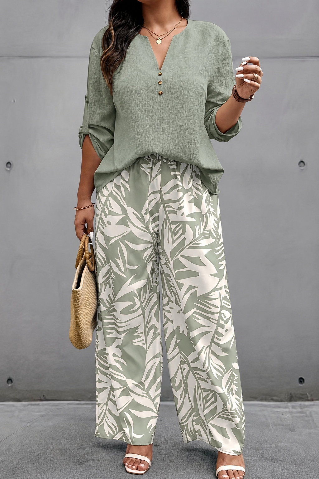 Plus‑Size Women’s 2 Piece Outfit, V‑Neck Long Sleeve Top & Tropical Print Casual Pants Spring Fall Set