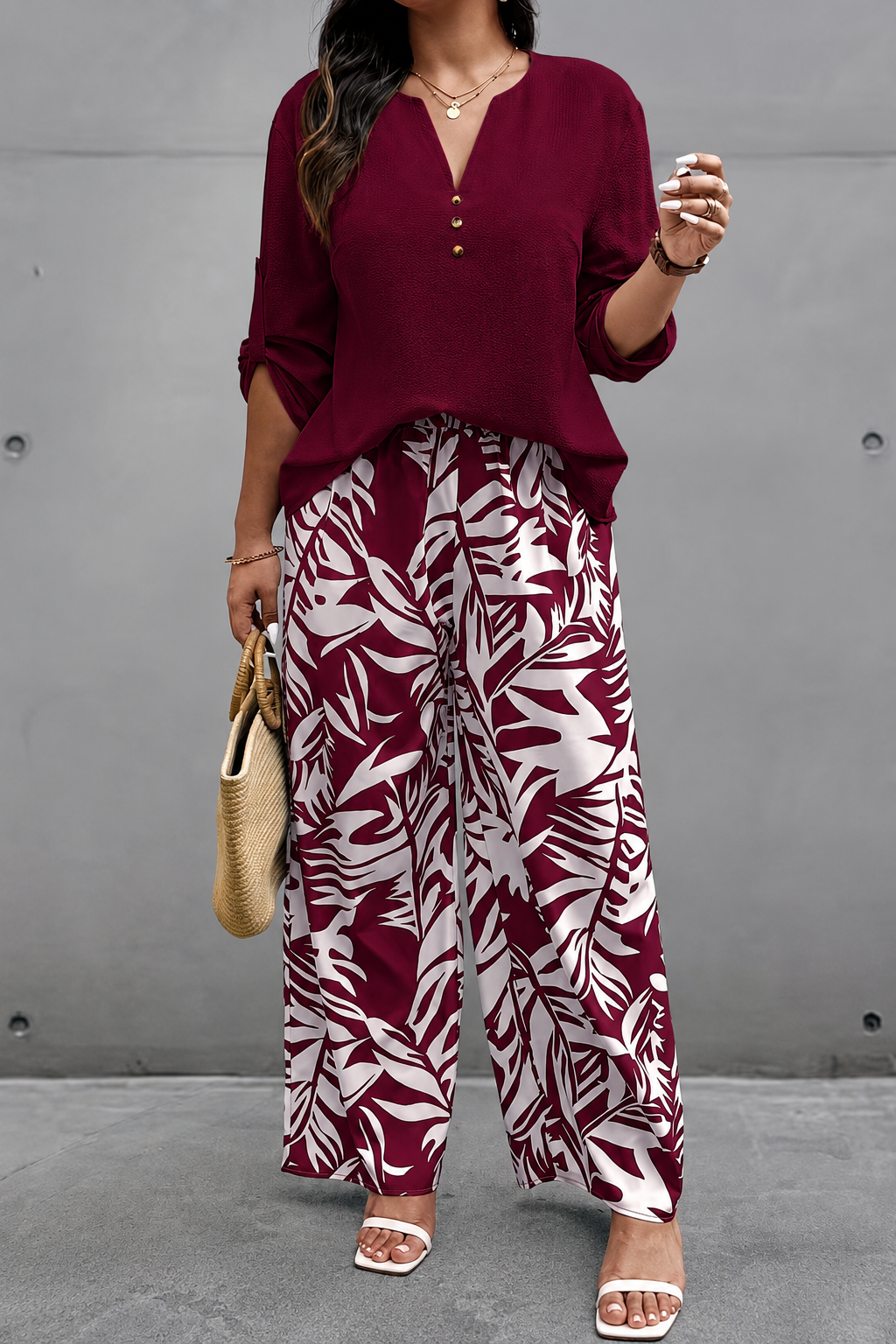 Plus‑Size Women’s 2 Piece Outfit, V‑Neck Long Sleeve Top & Tropical Print Casual Pants Spring Fall Set