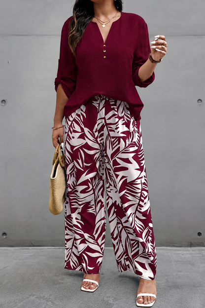 Plus‑Size Women’s 2 Piece Outfit, V‑Neck Long Sleeve Top & Tropical Print Casual Pants Spring Fall Set