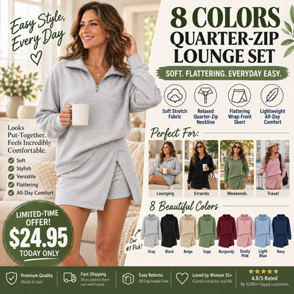 Women’s Quarter-Zip Long-Sleeve 2-Piece Skort Set – Soft, Flattering & Effortlessly Stylish