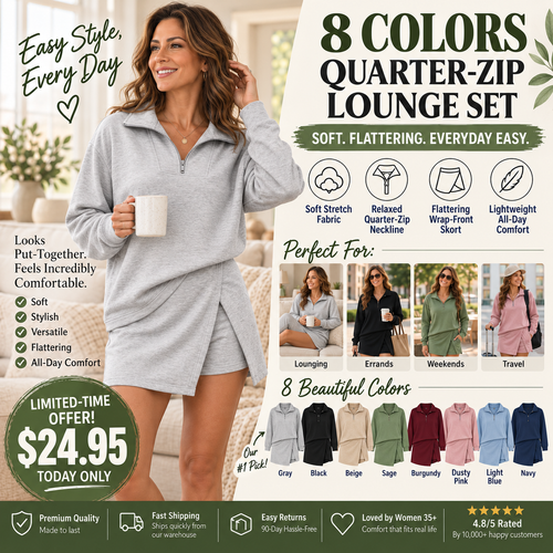 Women’s Quarter-Zip Long-Sleeve 2-Piece Skort Set – Soft, Flattering & Effortlessly Stylish