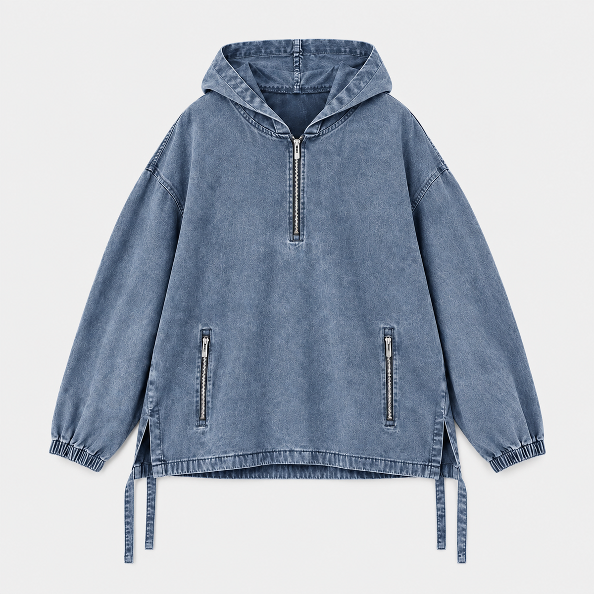 Unisex Cotton Washed Denim Oversized Half Zip Hoodie with Zip Pockets