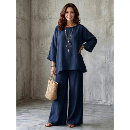 Women's Linen Blend Crew Neck Top & Wide Leg Pants 2 Piece Outfit Set