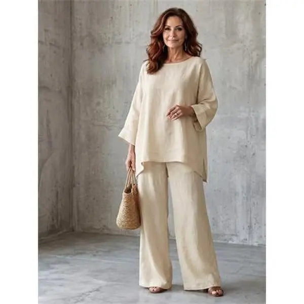 Women's Linen Blend Crew Neck Top & Wide Leg Pants 2 Piece Outfit Set
