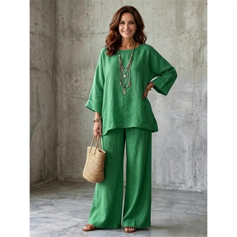 Women's Linen Blend Crew Neck Top & Wide Leg Pants 2 Piece Outfit Set