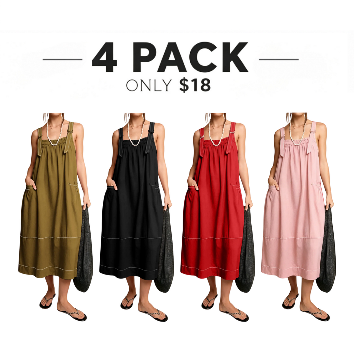 【End of Summer Sale】Women's Barrel Midi Dress Sleeveless Strappy Maxi Dress with Big Pockets