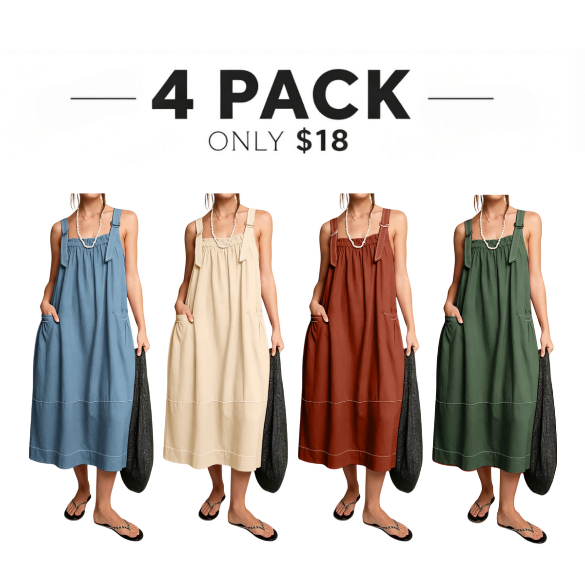 【End of Summer Sale】Women's Barrel Midi Dress Sleeveless Strappy Maxi Dress with Big Pockets
