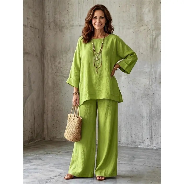 Women's Linen Blend Crew Neck Top & Wide Leg Pants 2 Piece Outfit Set