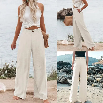 Womens Cotton Linen Pants Casual Wide Leg Trousers