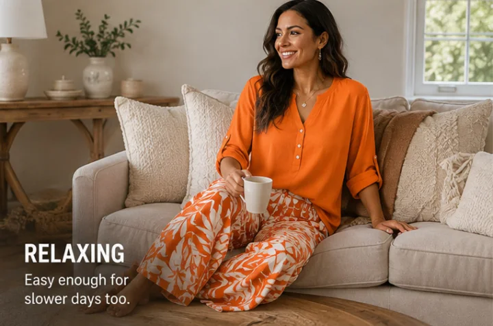 Plus‑Size Women’s 2 Piece Outfit, V‑Neck Long Sleeve Top & Tropical Print Casual Pants Spring Fall Set