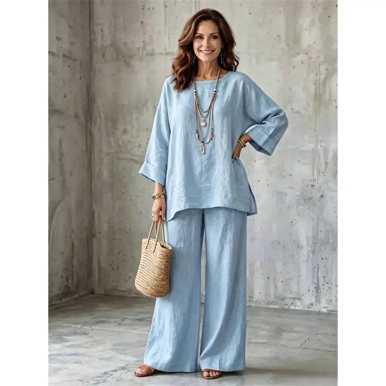 Women's Linen Blend Crew Neck Top & Wide Leg Pants 2 Piece Outfit Set
