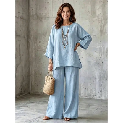Women's Linen Blend Crew Neck Top & Wide Leg Pants 2 Piece Outfit Set