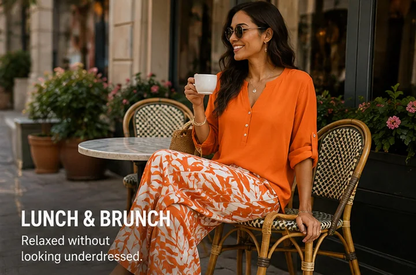 Plus‑Size Women’s 2 Piece Outfit, V‑Neck Long Sleeve Top & Tropical Print Casual Pants Spring Fall Set