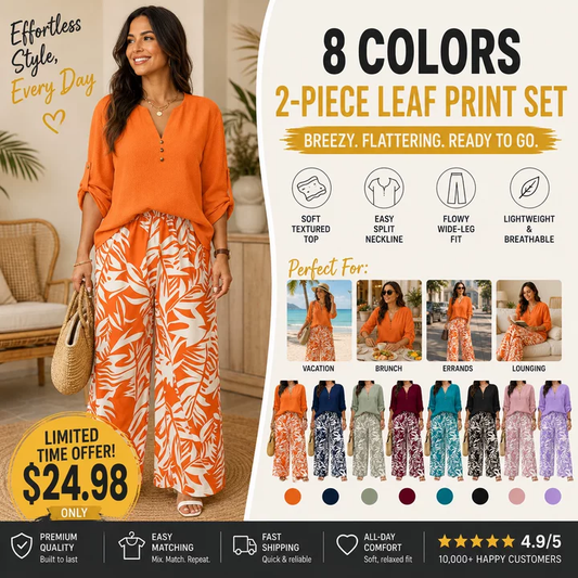 Plus‑Size Women’s 2 Piece Outfit, V‑Neck Long Sleeve Top & Tropical Print Casual Pants Spring Fall Set