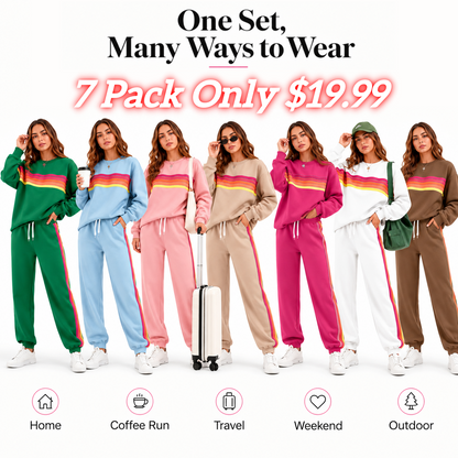 Women’s 2-Piece Loose-Fit Sweatshirt Set – Retro Rainbow Stripe Crewneck Sweatshirt & Casual Track Pants