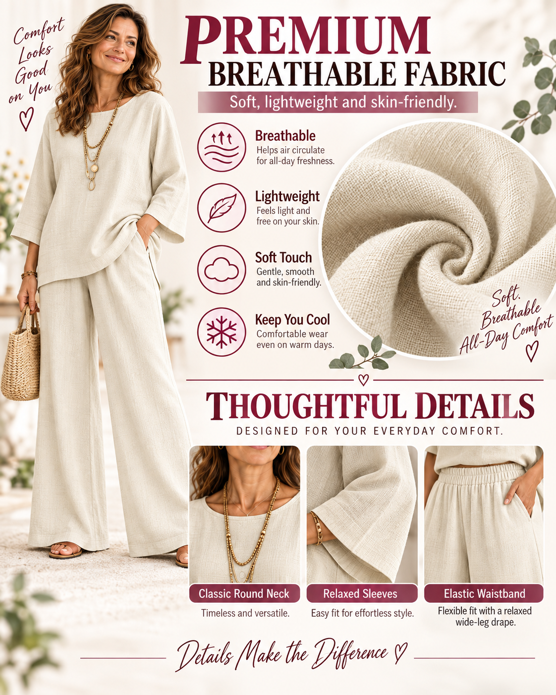 Women's Linen Blend Crew Neck Top & Wide Leg Pants 2 Piece Outfit Set