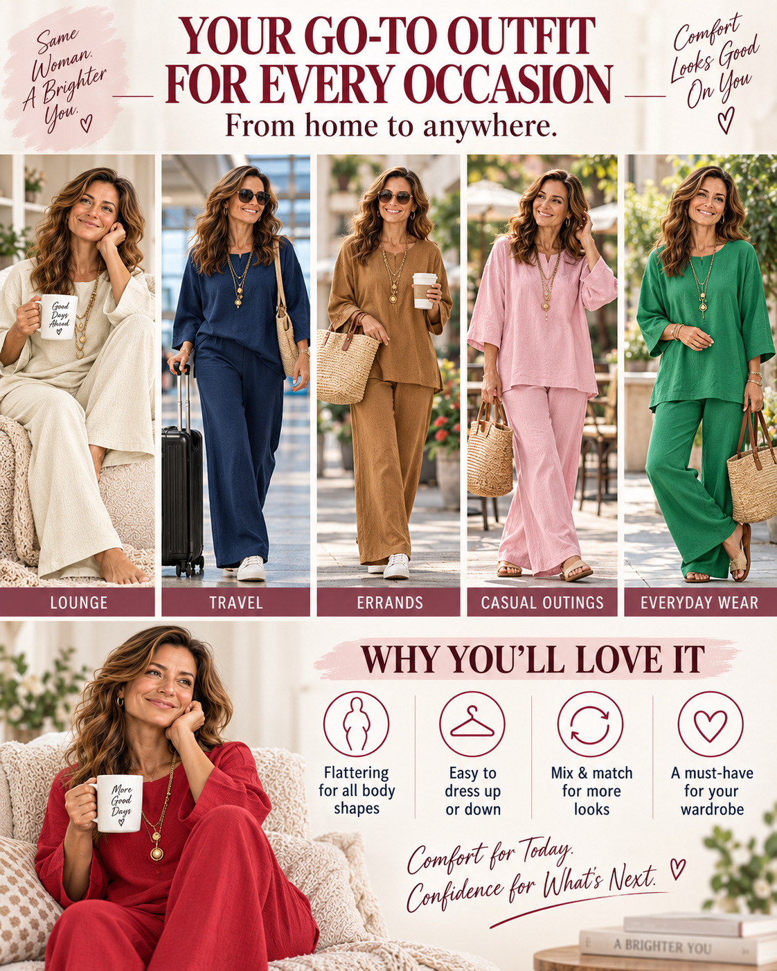 Women's Linen Blend Crew Neck Top & Wide Leg Pants 2 Piece Outfit Set