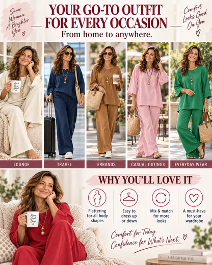 Women's Linen Blend Crew Neck Top & Wide Leg Pants 2 Piece Outfit Set
