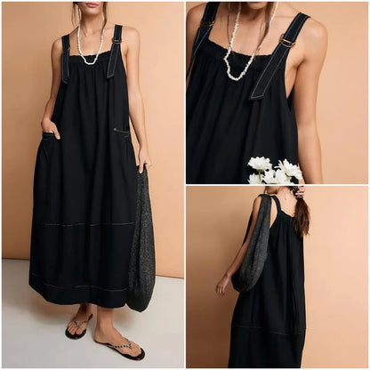 【End of Summer Sale】Women's Barrel Midi Dress Sleeveless Strappy Maxi Dress with Big Pockets