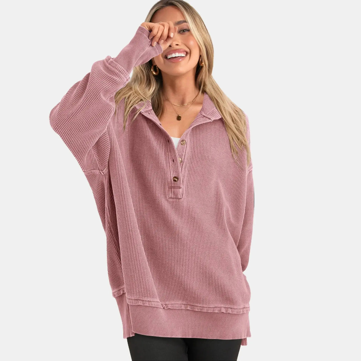 Women's Fashion Long Sleeve Hoodie Oversized Button-Up V-Neck Sweatshirt