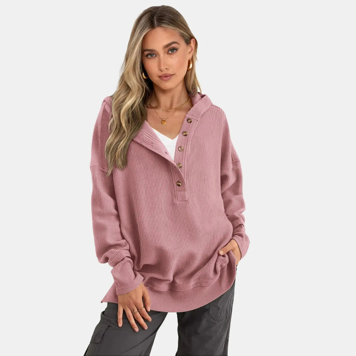 Women's Fashion Long Sleeve Hoodie Oversized Button-Up V-Neck Sweatshirt