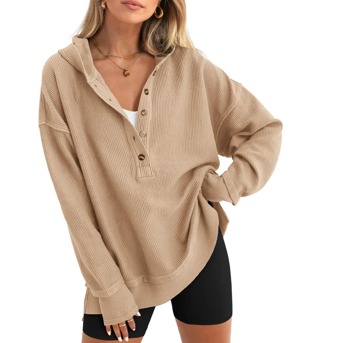 Women's Fashion Long Sleeve Hoodie Oversized Button-Up V-Neck Sweatshirt
