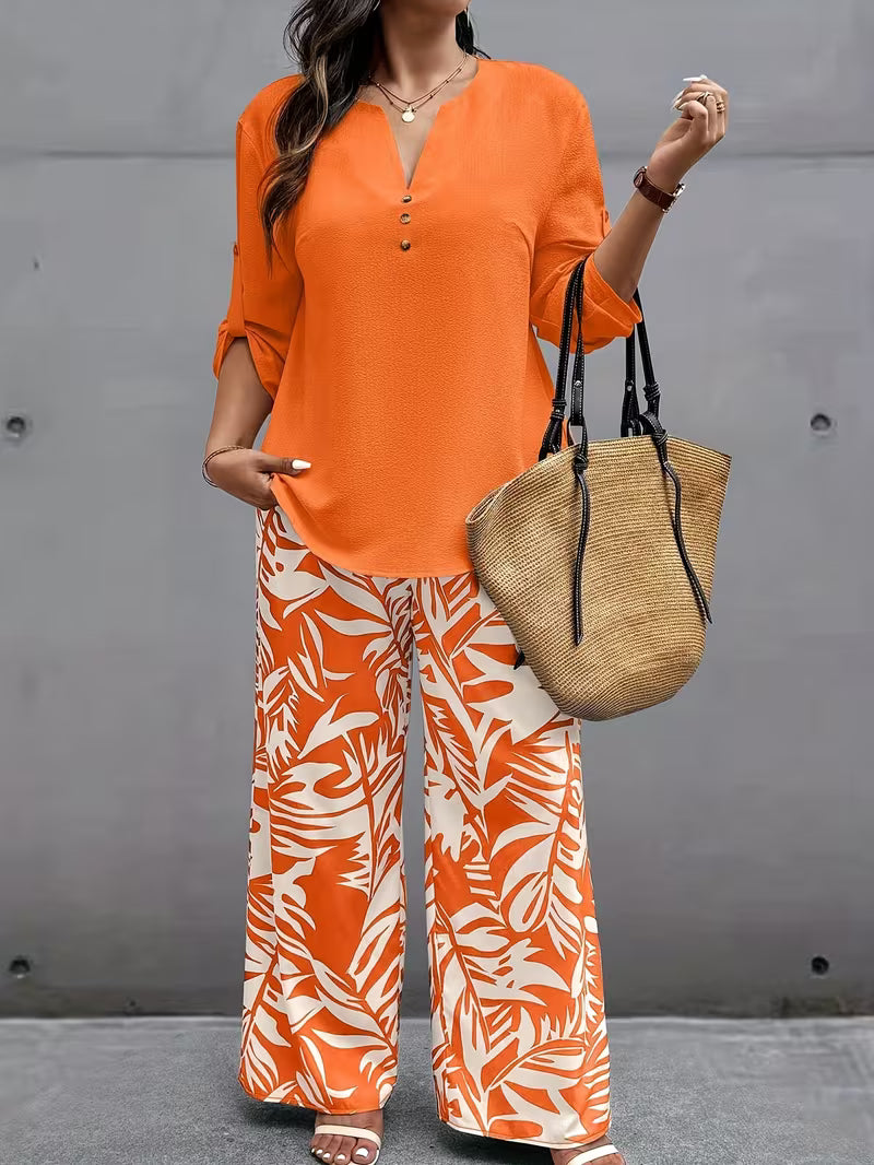 Plus‑Size Women’s 2 Piece Outfit, V‑Neck Long Sleeve Top & Tropical Print Casual Pants Spring Fall Set