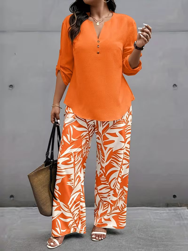 Plus‑Size Women’s 2 Piece Outfit, V‑Neck Long Sleeve Top & Tropical Print Casual Pants Spring Fall Set