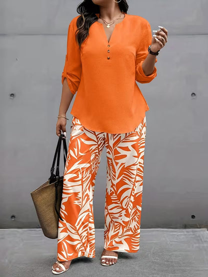 Plus‑Size Women’s 2 Piece Outfit, V‑Neck Long Sleeve Top & Tropical Print Casual Pants Spring Fall Set