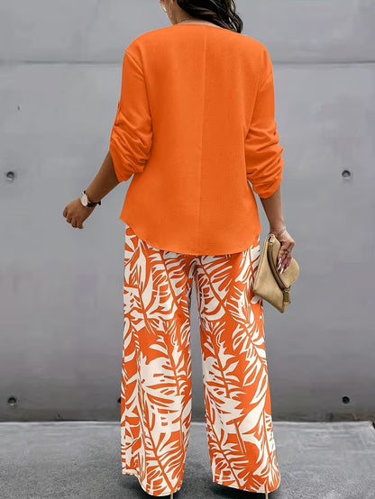 Plus‑Size Women’s 2 Piece Outfit, V‑Neck Long Sleeve Top & Tropical Print Casual Pants Spring Fall Set