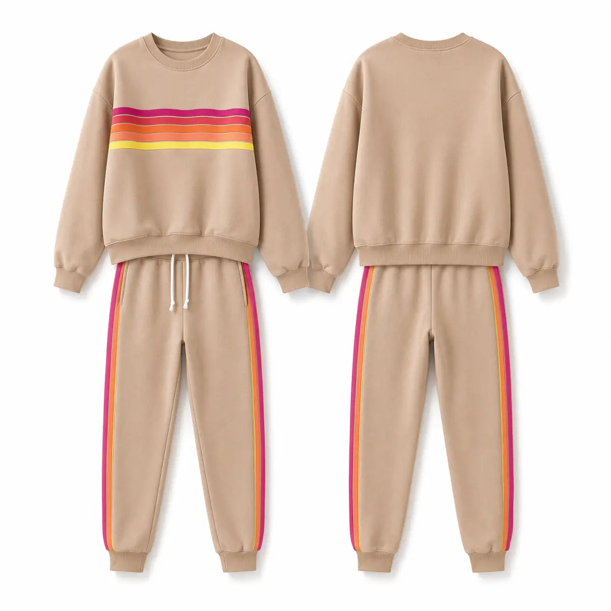 Women’s 2-Piece Loose-Fit Sweatshirt Set – Retro Rainbow Stripe Crewneck Sweatshirt & Casual Track Pants