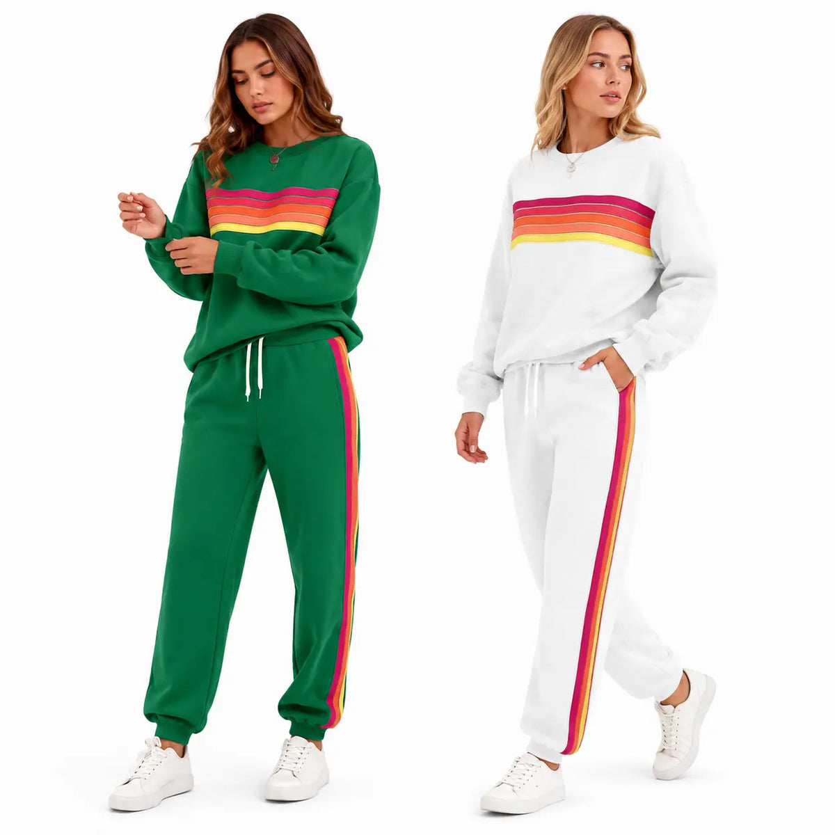 Women’s 2-Piece Loose-Fit Sweatshirt Set – Retro Rainbow Stripe Crewneck Sweatshirt & Casual Track Pants