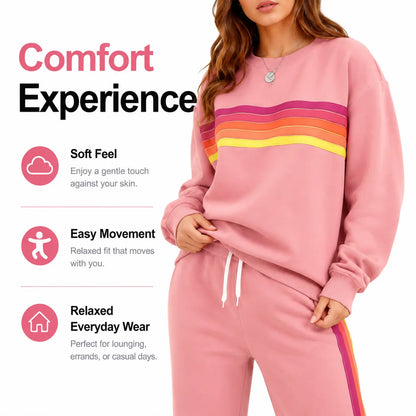 Women’s 2-Piece Loose-Fit Sweatshirt Set – Retro Rainbow Stripe Crewneck Sweatshirt & Casual Track Pants