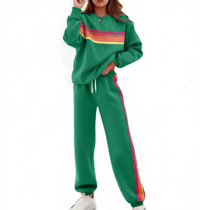 Women’s 2-Piece Loose-Fit Sweatshirt Set – Retro Rainbow Stripe Crewneck Sweatshirt & Casual Track Pants