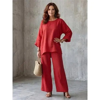 Women's Linen Blend Crew Neck Top & Wide Leg Pants 2 Piece Outfit Set