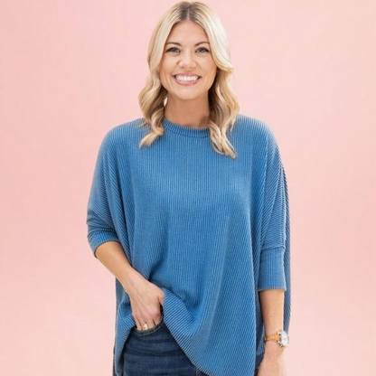 Raised Rib Easy-Fit Dolman 3/4 Sleeve Top