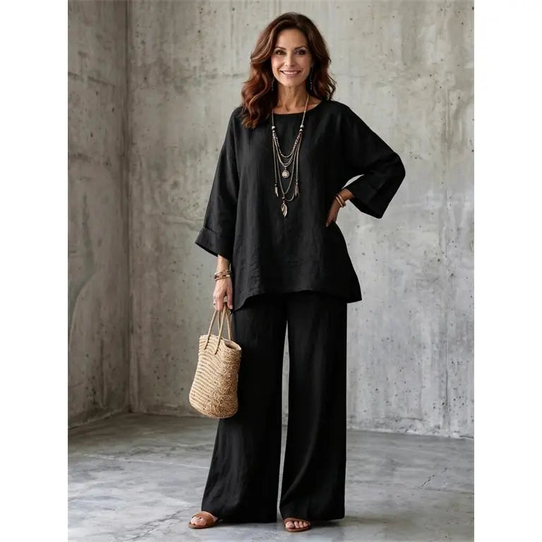 Women's Linen Blend Crew Neck Top & Wide Leg Pants 2 Piece Outfit Set