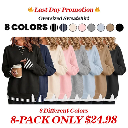 Women Crew Neck Fake Two Piece Striped Patchwork Drop Shoulder Oversized Sweatshirt