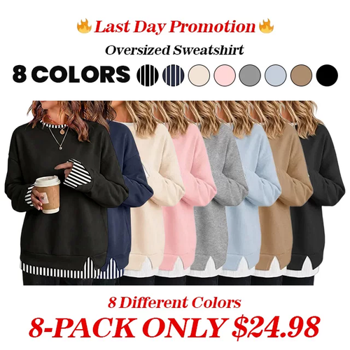 Women Crew Neck Fake Two Piece Striped Patchwork Drop Shoulder Oversized Sweatshirt
