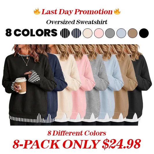 Women Crew Neck Fake Two Piece Striped Patchwork Drop Shoulder Oversized Sweatshirt