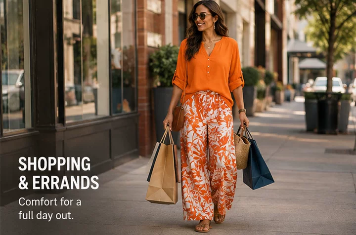 Plus‑Size Women’s 2 Piece Outfit, V‑Neck Long Sleeve Top & Tropical Print Casual Pants Spring Fall Set