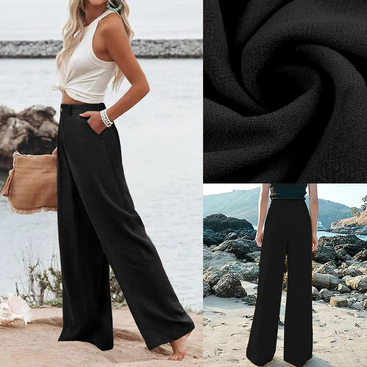 Womens Cotton Linen Pants Casual Wide Leg Trousers